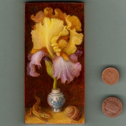 Peinture d'un iris dans un petit vase de porcelaine, avec lzard et escargot