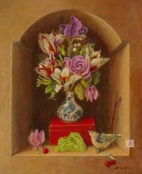 Nature morte au bouquet de tulipes dans une niche, avec oiseau et cerises au premier plan