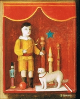 Nature morte miniature aux jouets en bois:Mannequin, quilles et chien blanc