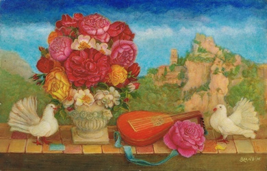 Bouquet de roses, luth et pigeons d' ornement sur fond de paysage d' Eze-Village