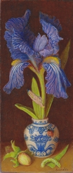 Peinture à l'huile d'une fleur d'iris bleue dans un vasz de porcelaine de Chine