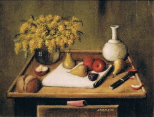 Nature morte au bouquet de mimosas et aux poire