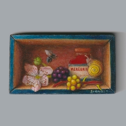 Peinture en trompe l'oeil, mres et escargot dans une boite