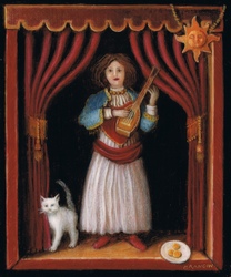 Miniature poupéee musicienne et chat blanc