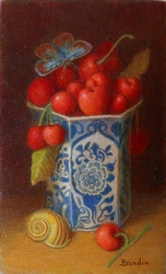 Nature morte aux cerises dans un pot de porcelaine