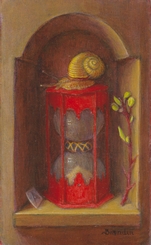 Nature morte avec sablier rouge et escargot