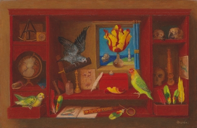 Cabinet de curiosites avec perroquets et instruments scientifiques