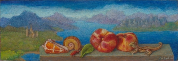 Nature morte avec peches, lzard et coquillages sur fond de paysage avec lac et montagnes