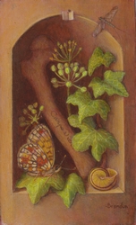 Vanité, peinture à l'huile avec lierre,papillon,escargot,éphemère et os.