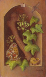 Vanit, peinture  l'huile avec lierre,papillon,escargot,phemre et os.