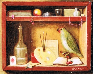 Boite avec perroquet et materiel de peintre