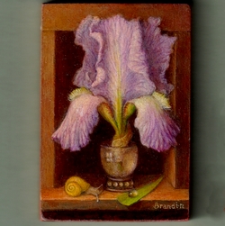 nature morte avec iris dans un petit verre 17e siecle et un escargot