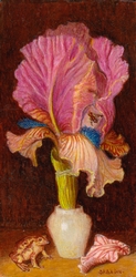Fleur d'iris dans un flacon, avec sépale et grenouille
