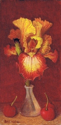 Nature morte à l'iris jaune et rouge avec trois cerises