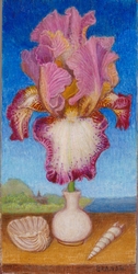 Iris dans un flacon de porcelaine sur fond de paysage