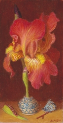 Peinture à l'huile de petit format representant une fleur d'iris, chenille et papillon