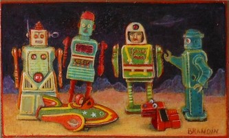 Jouets robots années 50 sur paysage lunaire
