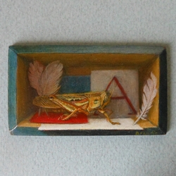 Peinture miniature en trompe l'oeil d'une sauterelle dans une boite