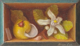 Peinture miniature en trompe l'oeil d'un escargot et de fleurs de citronnier dans une boite