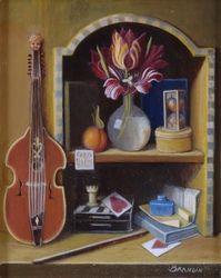vanité avec tulipes, sablier, instrument de musique, jeux et livre
