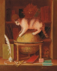 chat dans un nature morte avec globe terrestre, plume, encrier, compas et livres