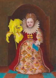 Portrait miniature en pied style Tudor d'une princesse portant un iris jaune et un livre