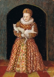Portrait en pied d' une jeune fille portant deux hermines blanches