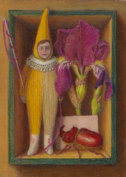 Tableau miniature en trompe l'oeil d'un lutin dans une boïte avec fleur d'iris et scarabée rhinocéros