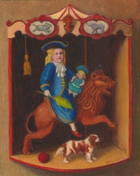 Portrait miniature enfant en costume 18 eme siecle sur un lion de mange