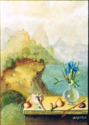 Paysage aux coquillages et bouquet de fleurs
