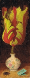 Fleur de tulipe perroquet dans un flacon avec ruban bleu