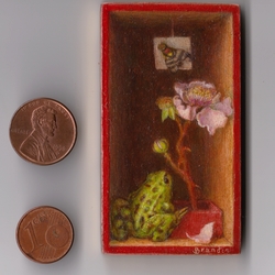 Miniature en trompe l oeil avec grenouille verte